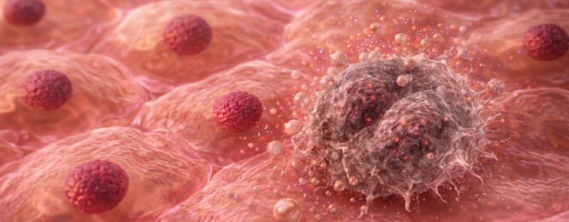 Representación de célula senescente liberando factores inflamatorios asociados al envejecimiento cutáneo (SASP)