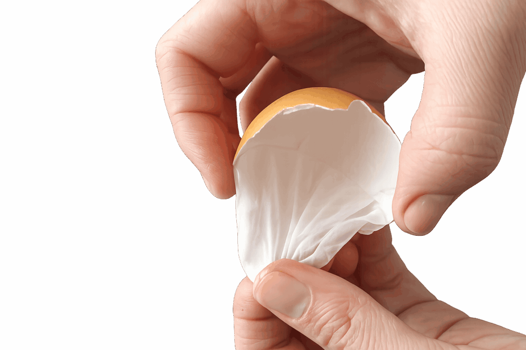 Manos retirando la membrana de la cáscara de un huevo, fuente natural de proteínas estructurales y biomoléculas utilizadas como ingrediente cosmético.